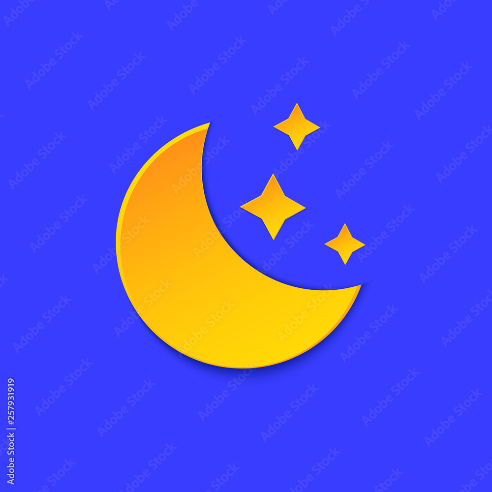 Moon Weather forecast info icon. Yellow Night symbol, stars paper cut style on blue. Climate weather element. Trendy button for Metcast WF report mark, meteo mobile app, web Moon Weather forecast info icon. Yellow Night symbol, stars paper cut style on blue. Climate weather element. Trendy button for Metcast WF report mark, meteo mobile app, web