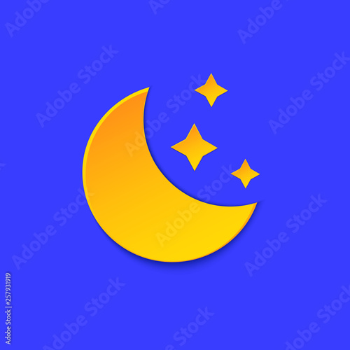 Moon Weather forecast info icon. Yellow Night symbol, stars paper cut style on blue. Climate weather element. Trendy button for Metcast WF report mark, meteo mobile app, web