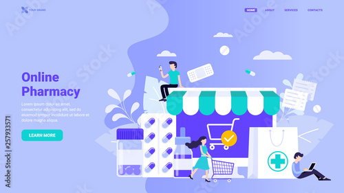 Flat vector illustration: online pharmacy, e-commerce concept. Website, landing page, banner template easy to edit and customize. Modern website background with small characters.