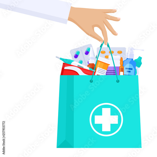 Pharmacist or doctor hand holding a package with pills, medical equipment, drugs. Flat vector illustration. 