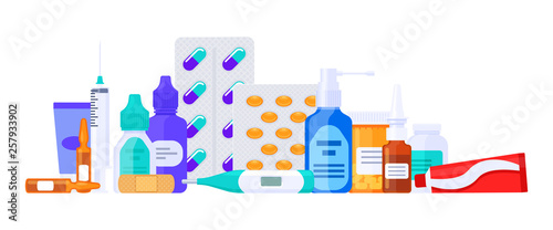 Different types of medicaments, drugs, pills and bottles. Flat vector illustration isolated on white. Healthcare items.  photo