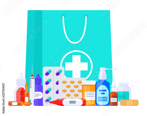 Drugstore package and medicaments large collection. Set of medical items: bottles, pills, ampoule, syringe, spray, drops, drops, capsules, cream, paste, plaster. Flat vector illustration. 