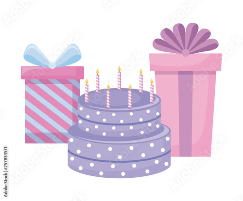 sweet cake with candles and gifts boxes