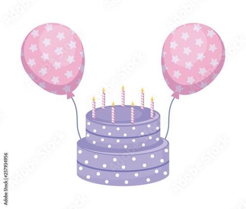 sweet cake with candles and balloons helium