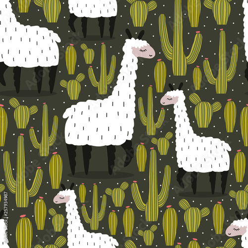 Lamas, cactuses,  hand drawn backdrop. Colorful seamless pattern with animals and cacti. Decorative cute wallpaper, good for printing. Overlapping background vector, happy alpacas. Llama