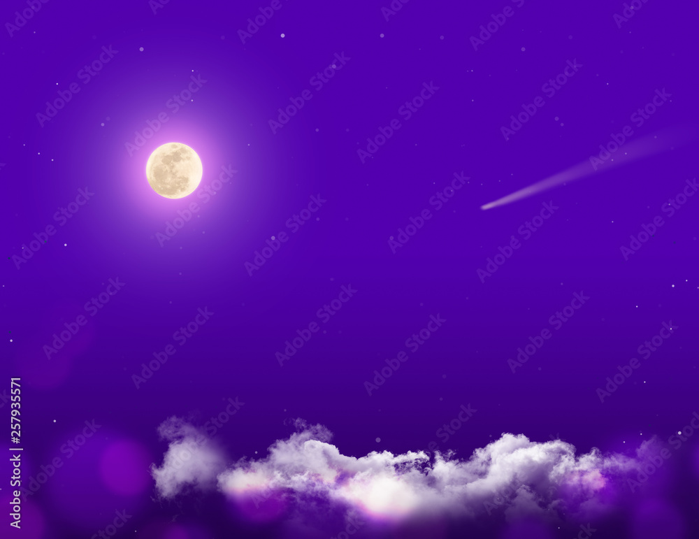 Mystical Night sky background with full moon, clouds and stars. Moonlight night with copy space Sun risk time