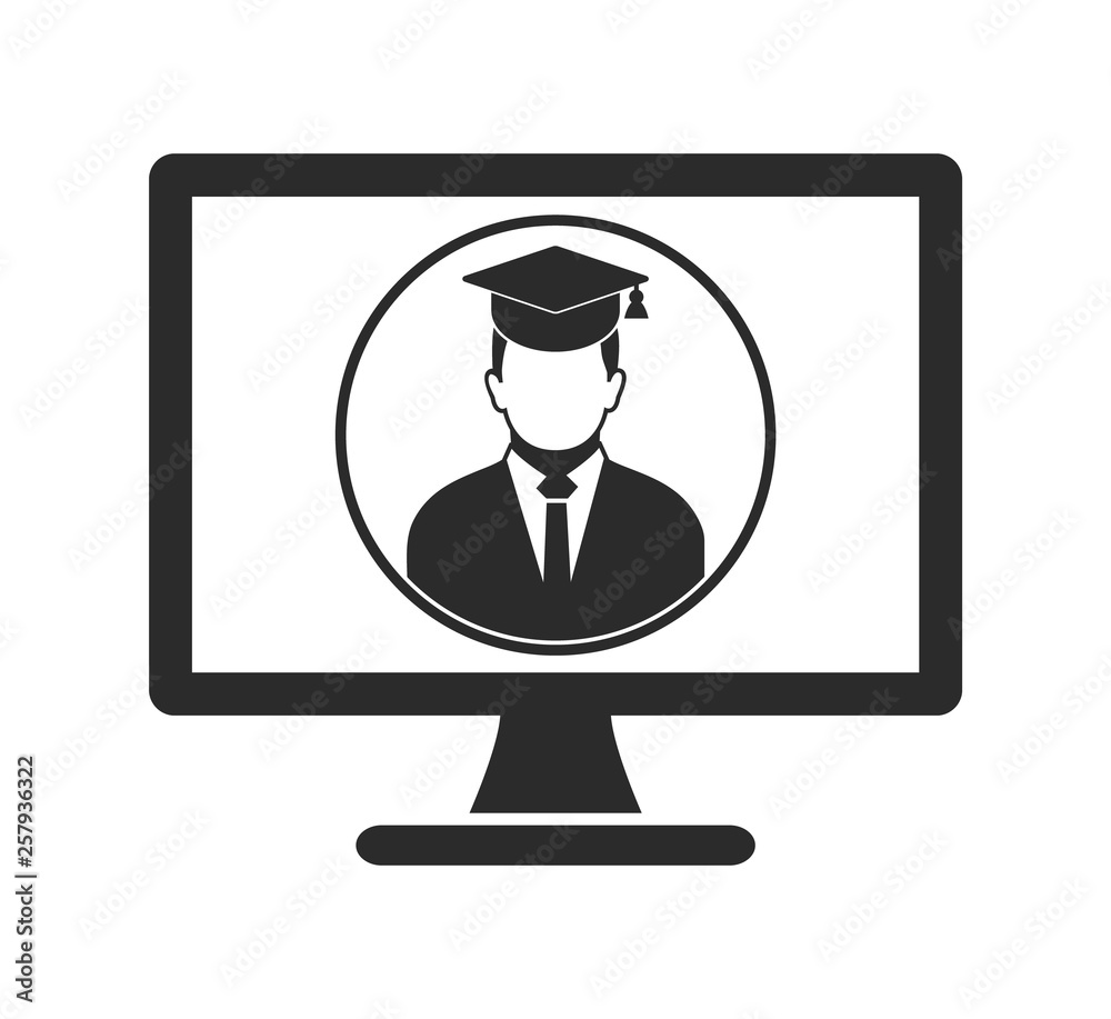 E Learning Icon. Graduate student symbol on Computer Monitor. Flat style vector EPS.