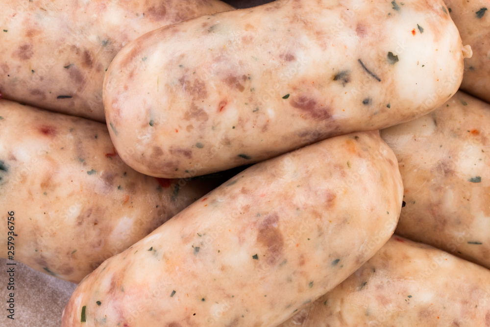 Raw pork sausages texture background, top view Raw pork sausages texture background, top view