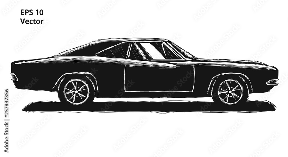Classic american muscle car vector illustration. Hand drawn ink style drawing