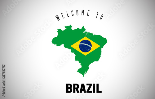 Brazil Welcome to Text and Country flag inside Country border Map Vector Design.