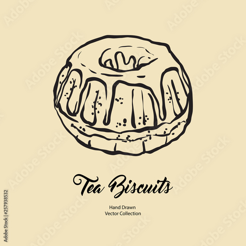 Bundt pound cake gravy isolated hand drawn vector line illustration old style. Vector tea chocolate biscuit pie cooking logo, packaging design, cafe menu, banner, flayer, coffee shop retro hand drawn.