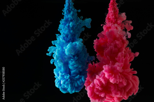 A cloud of colored acrylic paint in water. A drop of colorful ink dissolves in water on a black background. Abstract background.