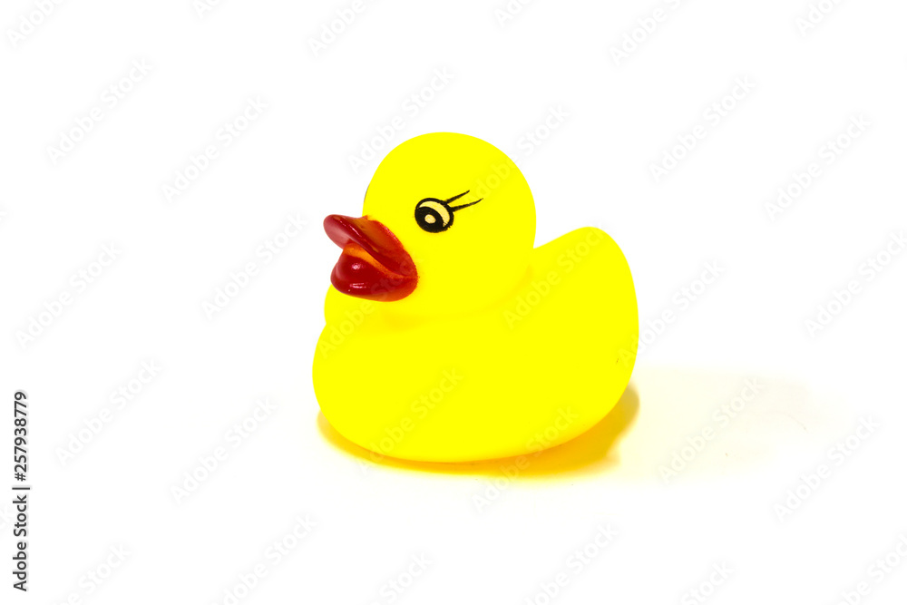Fototapeta premium Yellow rubber duck toy on white background, isolated.