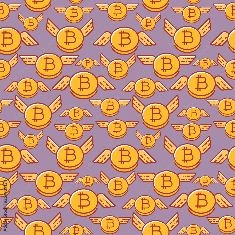 Bitcoins with wings, seamless pattern in cartoon style