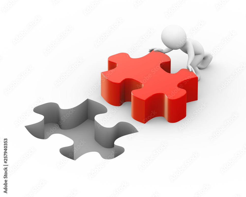 3d man pushing and filling puzzle piece 3d man pushing and filling puzzle piece