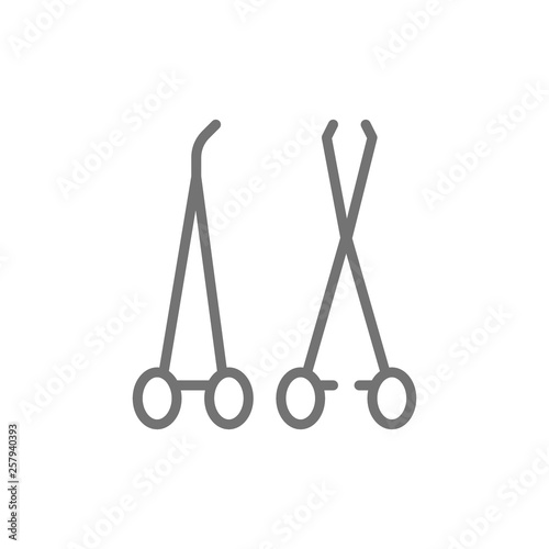 Medical tools, forcep and clamp line icon.