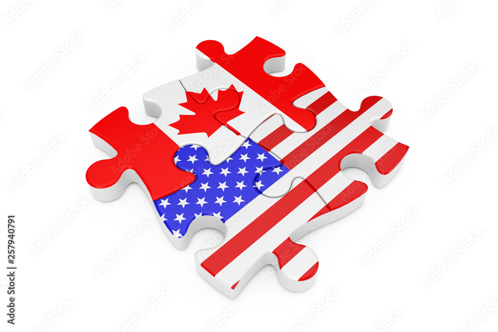 Obraz premium USA and Canada Cooperation Puzzle as Flags. 3d Rendering