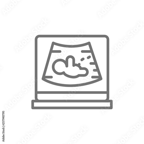 Ultrasound photo with fetus, maternity, pregnancy, sonogram line icon.