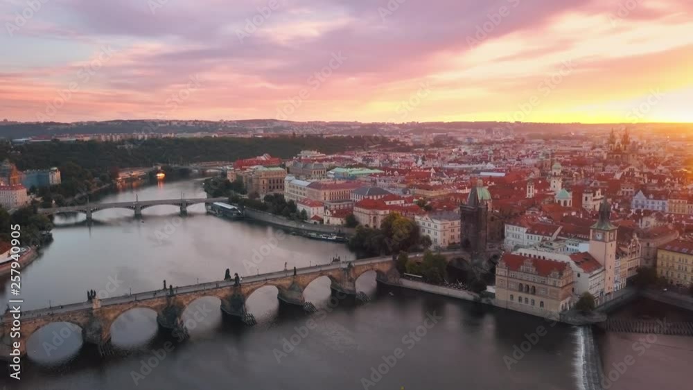 prague aerial shot drone,flight backwards over charles bridge old town city skyline prague aerial shot drone,flight backwards over charles bridge old town city skyline
