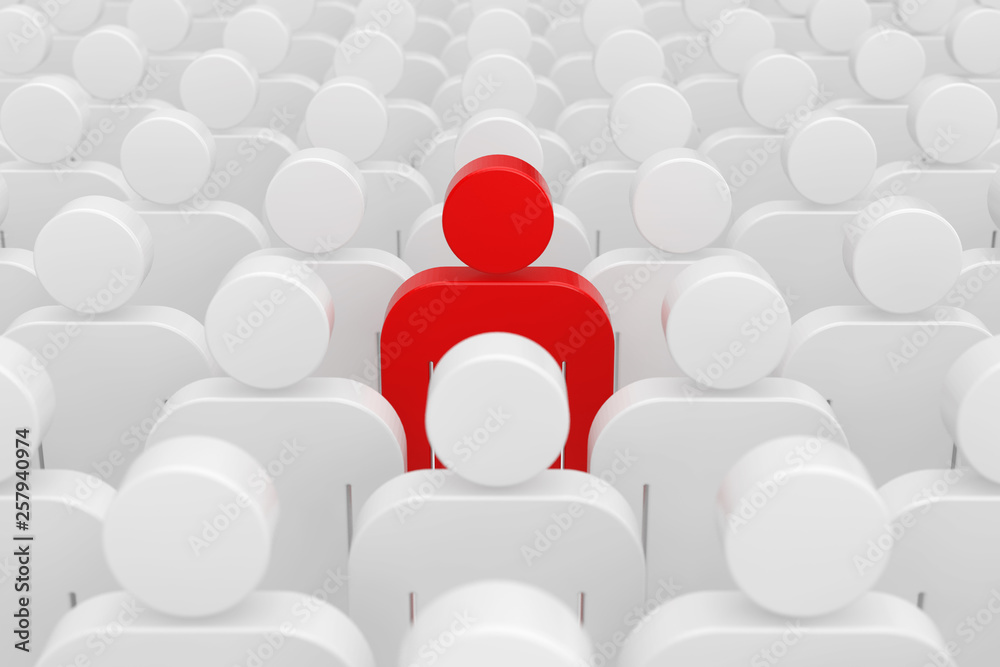 Obraz premium Leader Concept. One Red Man Person in Crowd of Plain People. 3d Rendering