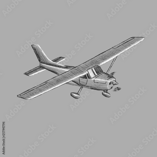Small plane vector sketch. Hand drawn single engine propelled aircraft. Air tours wehicle.