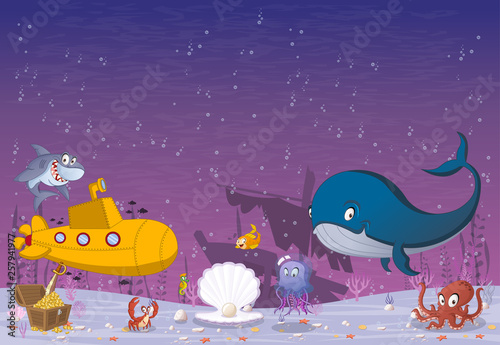 Cartoon underwater world with corals, fish and ocean creatures.