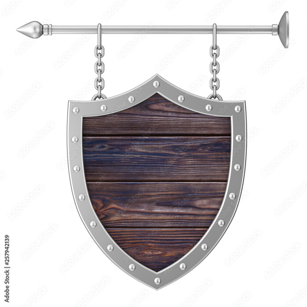 Shield Shaped Rusty Wooden Signboard with Chains. 3d Rendering