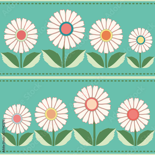 White, orange, yellow floral folk pattern. Seamless vector pattern with horizontal striped stitch on blue background. Great for spa, garden, organic products, home decor, packaging, stationery.