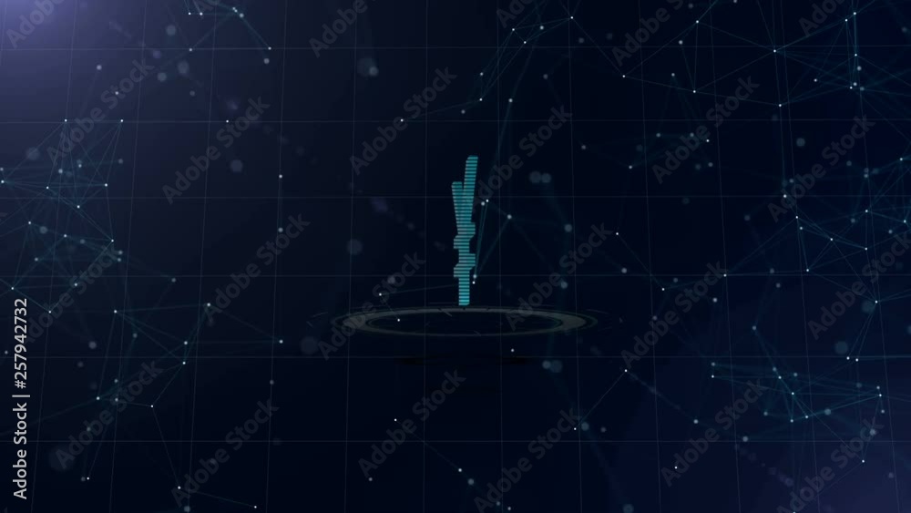 3d Japanese yen sign. Space blue cyberspace backdrop with internet connections. Euro currency is on one virtual glowing circle, two appears next. Ventral view. 4K.