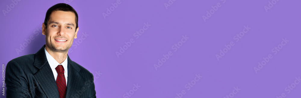 Happy businessman with crossed arms, on violet Happy businessman with crossed arms, on violet