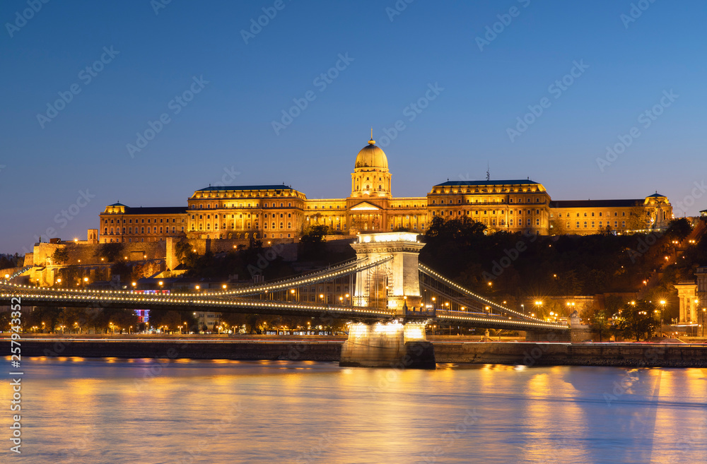 View of Szechenyi Chain Bridge and Buda Castle at night View of Szechenyi Chain Bridge and Buda Castle at night