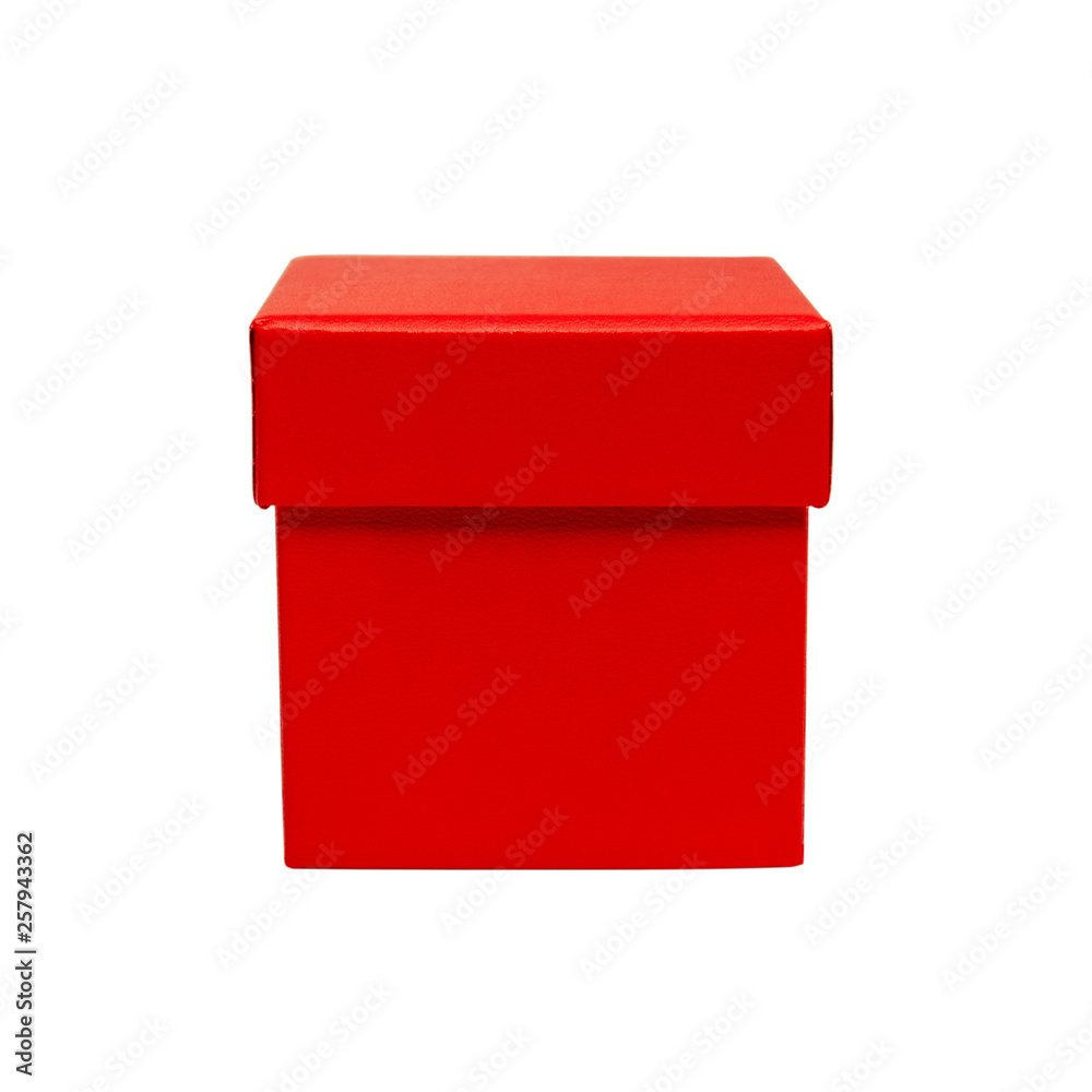 Fototapeta premium Red cardboard gift box. packaging for shopping and gifts. Red box isolated. Front view