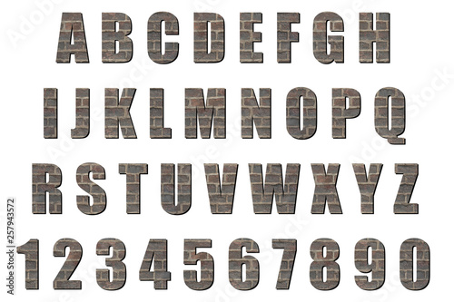 Latin alphabet and numbers with black substrate. Font with background of wall of gray brick