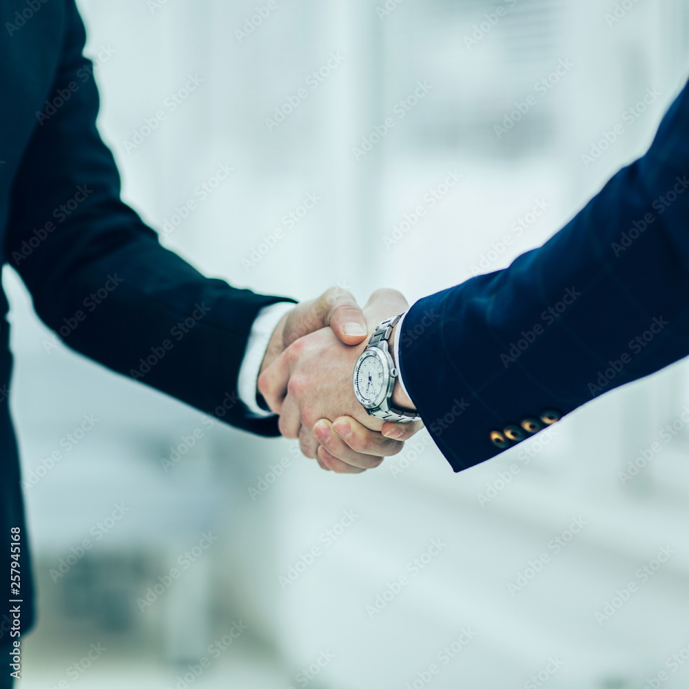 handshake of business partners on background of window in modern
