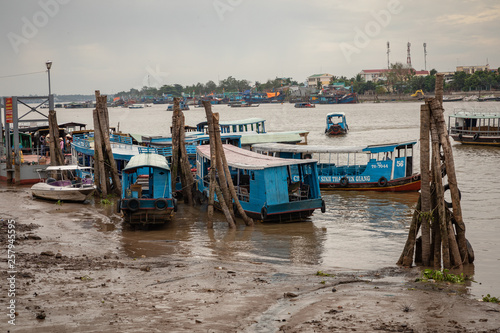 Traditional boat. Mekong River in My Tho city. Mekong Delta region of southern Vietnam.