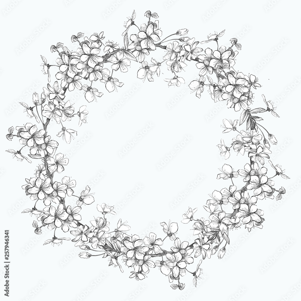 wreath of cherry branches drawn by hand on a white background