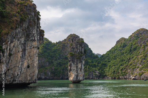 Rock islands near floating village in Halong Bay  Vietnam  Southeast Asia.