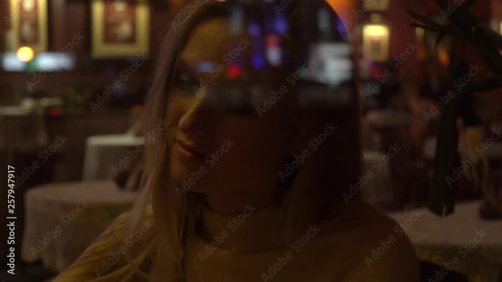 Slow Motion Girl In A Cafe, Dreamily Watching The Street Life Slow Motion Girl In A Cafe, Dreamily Watching The Street Life