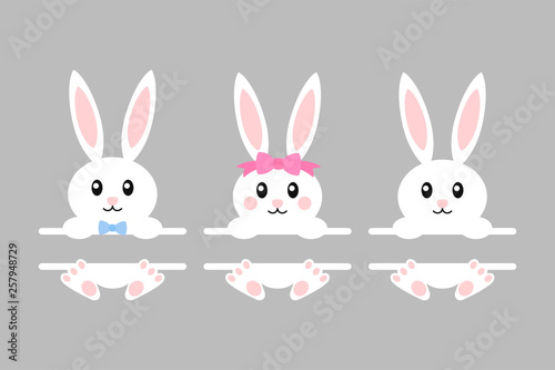 Happy easter bunny - vector illustration. Cute bunny split monogram. White rabbit isolated. Cartoon