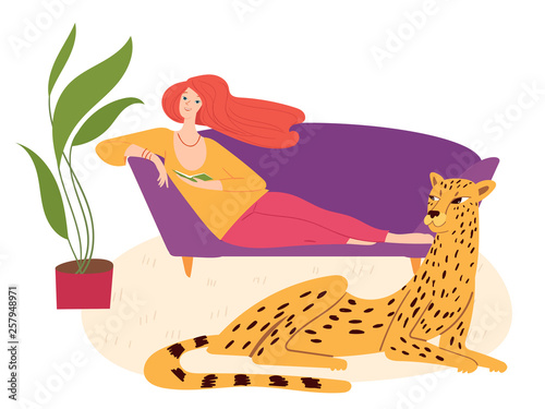 Home jundle hygge illustration with jaguar and a womal reading a book