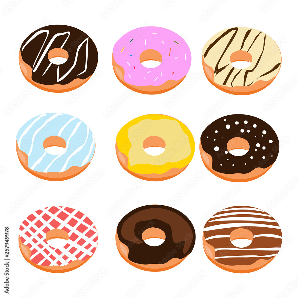 Set of tasty donuts isolated on white. Vector . Set of tasty donuts isolated on white. Vector .