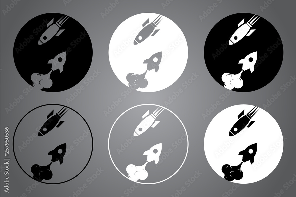 Black and white logo design. Creative icon with rocket. Vector illustration. Modern noir style. Black and white logo design. Creative icon with rocket. Vector illustration. Modern noir style.