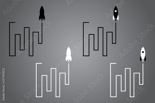 Black and white logo design. Creative icon with rocket. Vector illustration. Modern noir style.