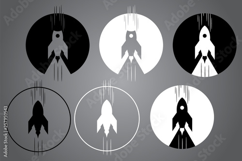 Black and white logo design. Creative icon with rocket. Vector illustration. Modern noir style.