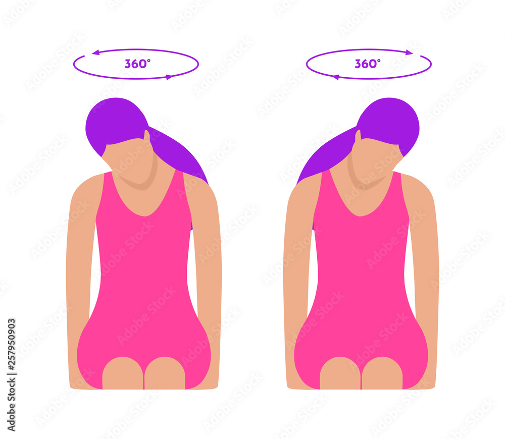 Head Rotation Exercises Vector Vector colorful flat illustration. Neck exercises by girl for relax ...