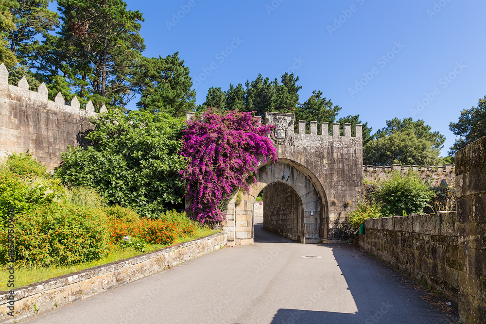 Baiona, Spain. The fortress gates of Philip IV with the coat of arms of Asturias