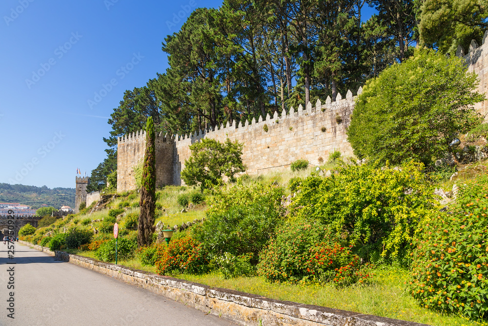 Baiona, Spain. Wall with towers of the fortress of Monterreal, XI - XVII centuries. Included in the list of the most picturesque historical buildings of UNESCO