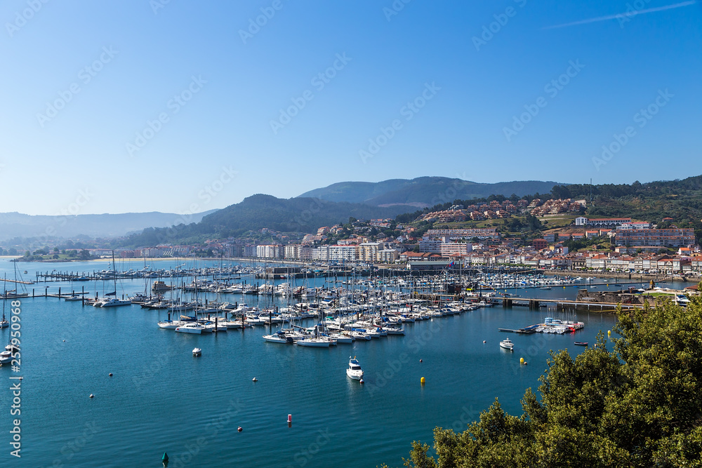 Baiona, Spain. View of the port and city
