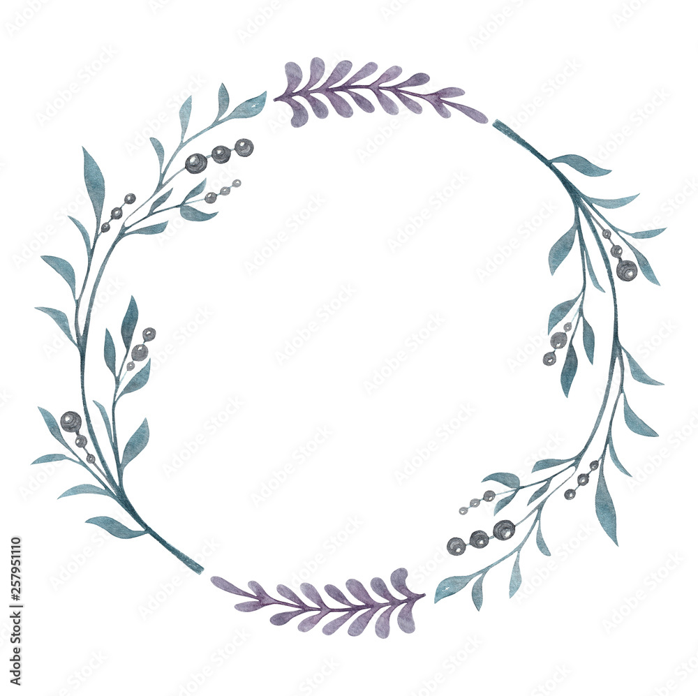 watercolor decoration wreath with leaves and berries on a white background