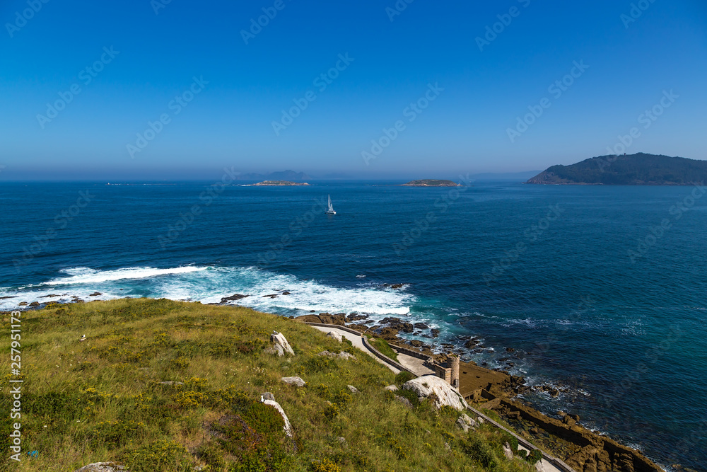 Baiona, Spain. Scenic view of the ocean coast and islands from the fortress of Monterreal
